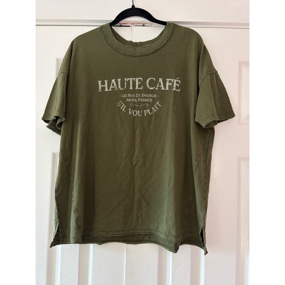 Aerie Haute Cafe Paris Graphic T-Shirt Olive Green Raw Edge Relaxed Fit Medium
